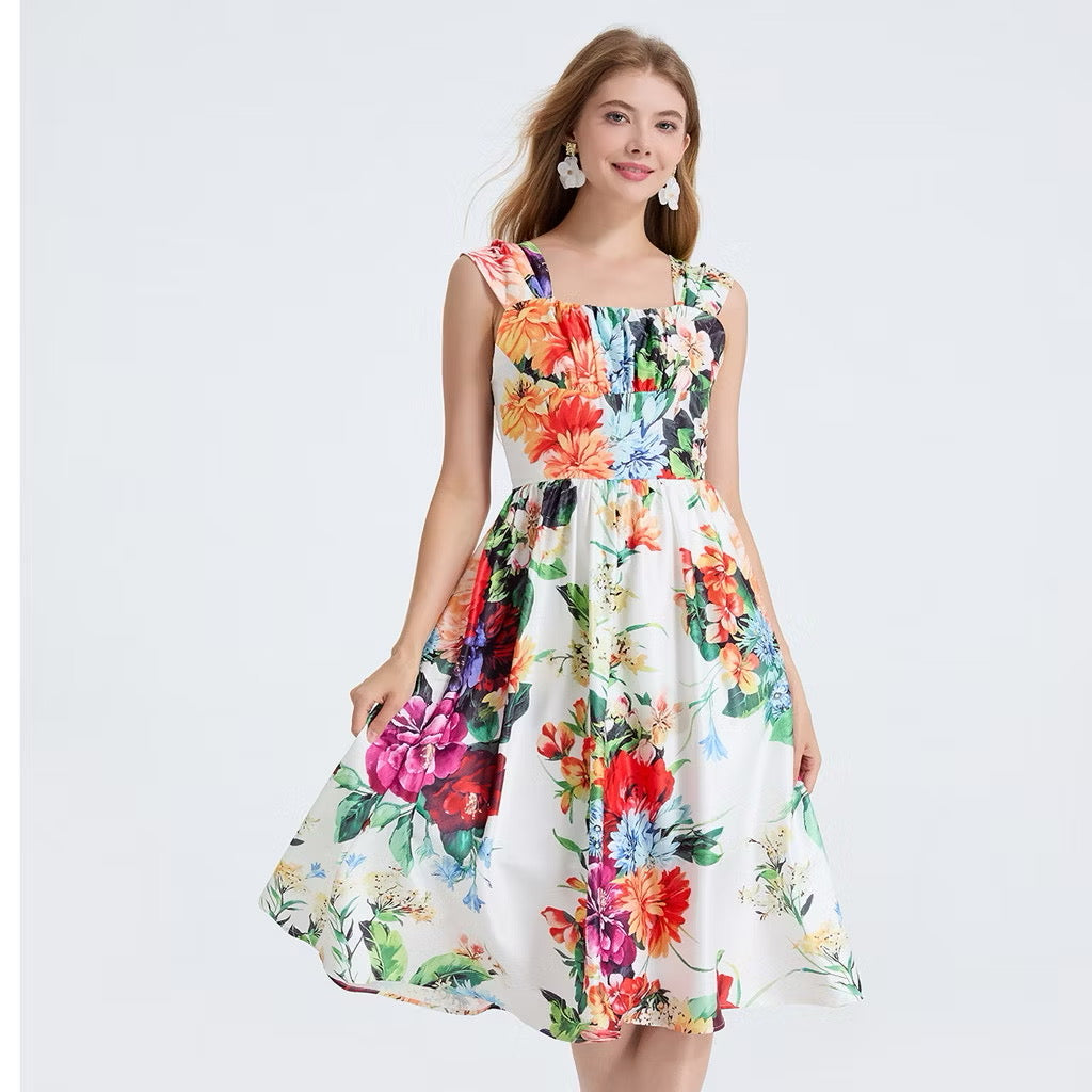 CM-DY053340 Women Elegant European Style High Waist Square Collar Sleeveless A-Line Midi Dress