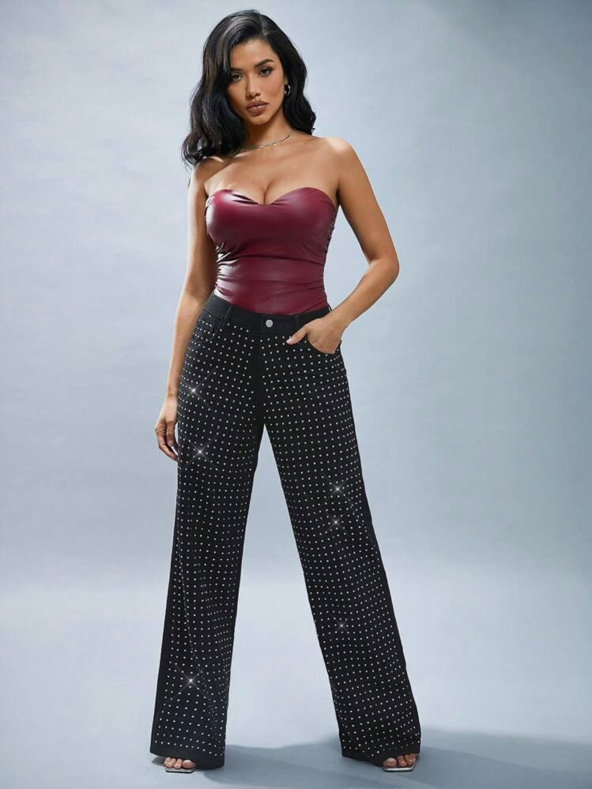 CM-BS551884 Women Casual Seoul Style Relaxed Fit Rhinestone Wide Leg Jeans - Black