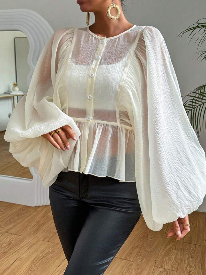 CM-TS530029 Women Casual Seoul Style Round Neck Mesh Lantern Sleeve Blouse - Apricot