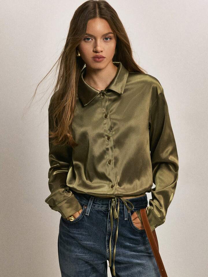 CM-TS161793 Women Elegant Seoul Style Collar Neckline Long Sleeve Drawstring Satin Blouse - Green