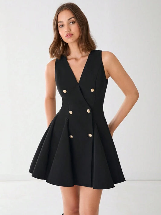CM-DS860933 Women Elegant Seoul Style V-Neck Front Button Sleeveless A-Line Mini Dress - Black