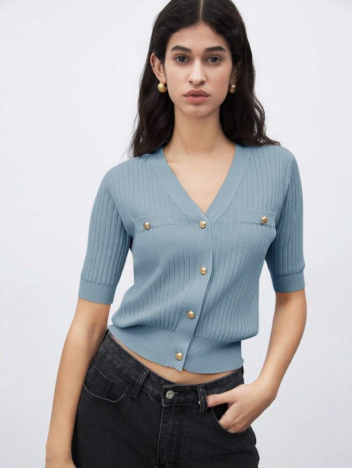 CM-TS565668 Women Casual Seoul Style V-Neck Short Sleeve Button Front Knit Blouse - Blue