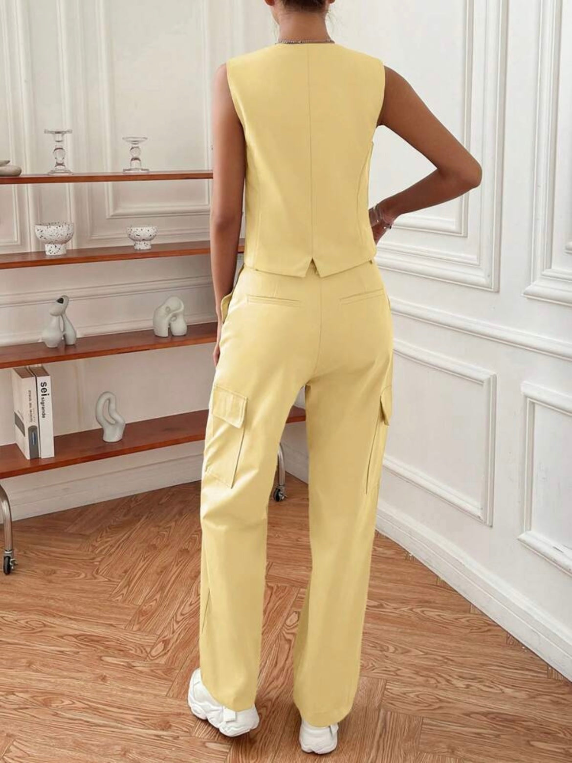 CM-SS796920 Women Elegant Seoul Style V-Neck Sleeveless Vest With Pocket Design Pants - Yellow