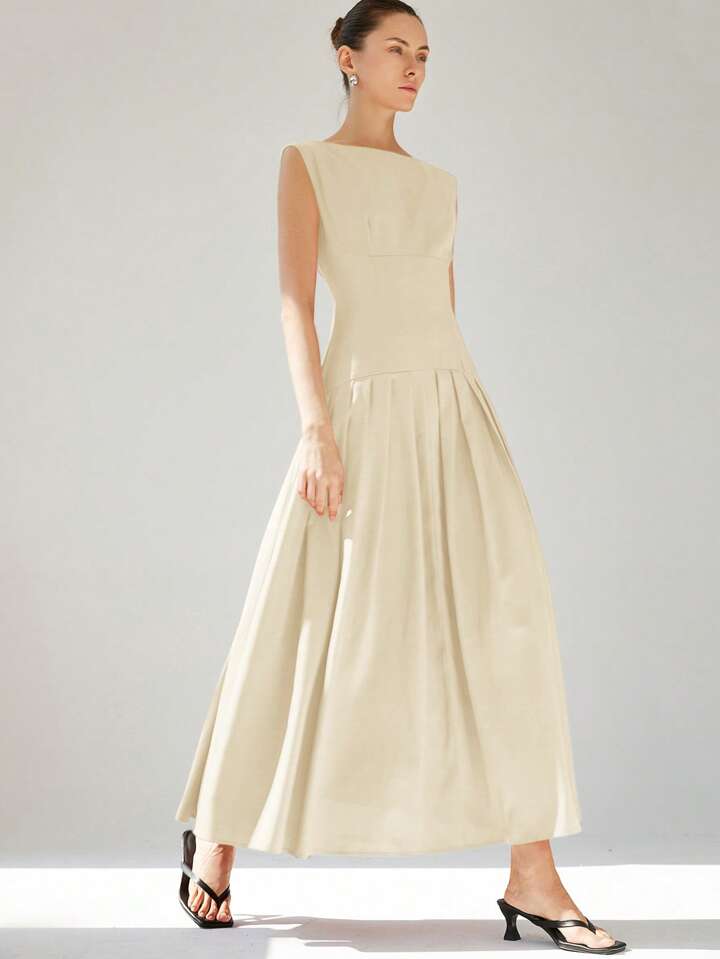 CM-DS726755 Women Elegant Seoul Style Sleeveless Cinched Waist Low Waist Pleated Ruffle Hem Long Dress - Apricot
