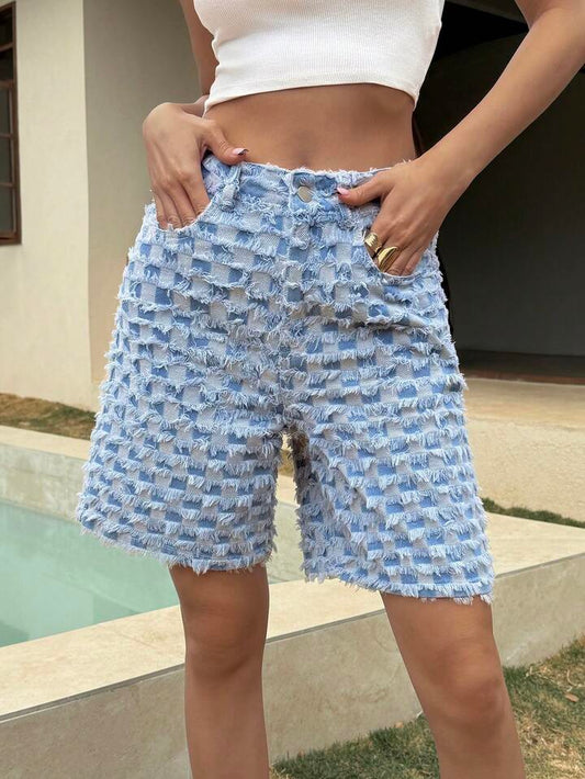 CM-BS354529 Women Casual Seoul Style Light Wash Textured Plaid Fringe Hem Straight Leg Loose Denim Shorts