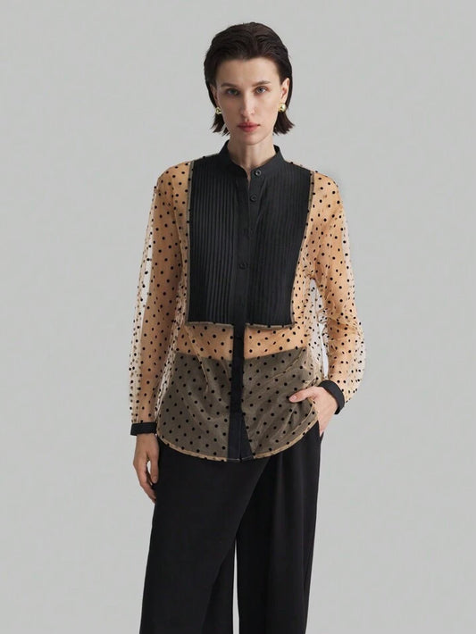 CM-TS897928 Women Elegant Seoul Style Dot Splicing Long Sleeve Semi-Sheer Blouse - Black