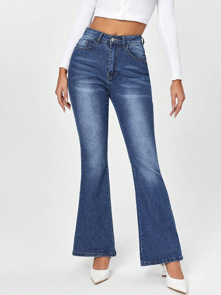 CM-BS414915 Women Casual Seoul Style High Waist Flared Mom Fit Jeans With Pockets - Blue