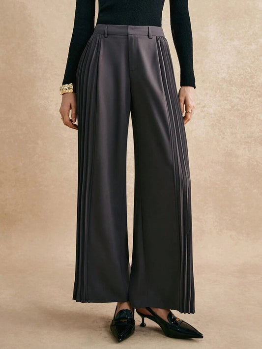 CM-BS793012 Women Elegant Seoul Style Solid Color Pleated Loose Wide-Leg Pants - Gray