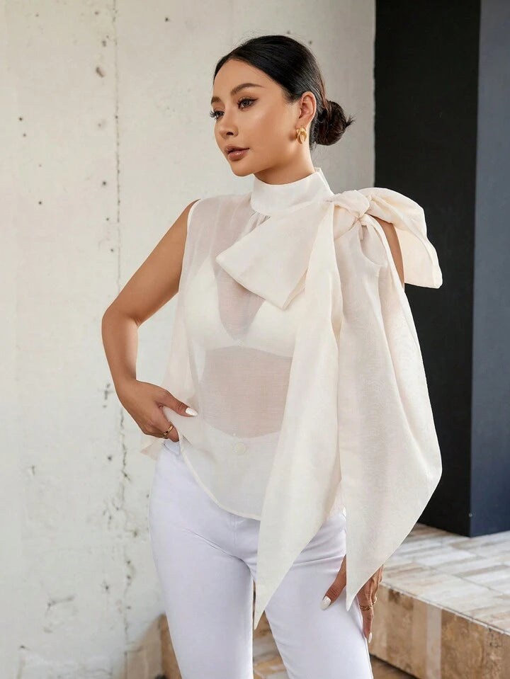 CM-TS509959 Women Casual Seoul Style Stand Collar Tie Front Sleeveless Shirt - Beige