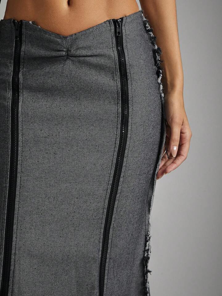 CM-BS448897 Women Casual Seoul Style Asymmetric Waist Patchwork Raw Hem Maxi Denim Skirt - Black