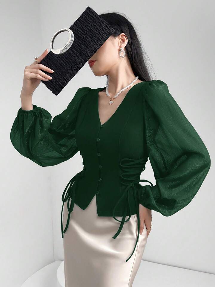 CM-TS801224 Women Elegant Seoul Style Sheer V-Neck Puff Lantern Sleeves Lace-Up Detail Blouse - Dark Green