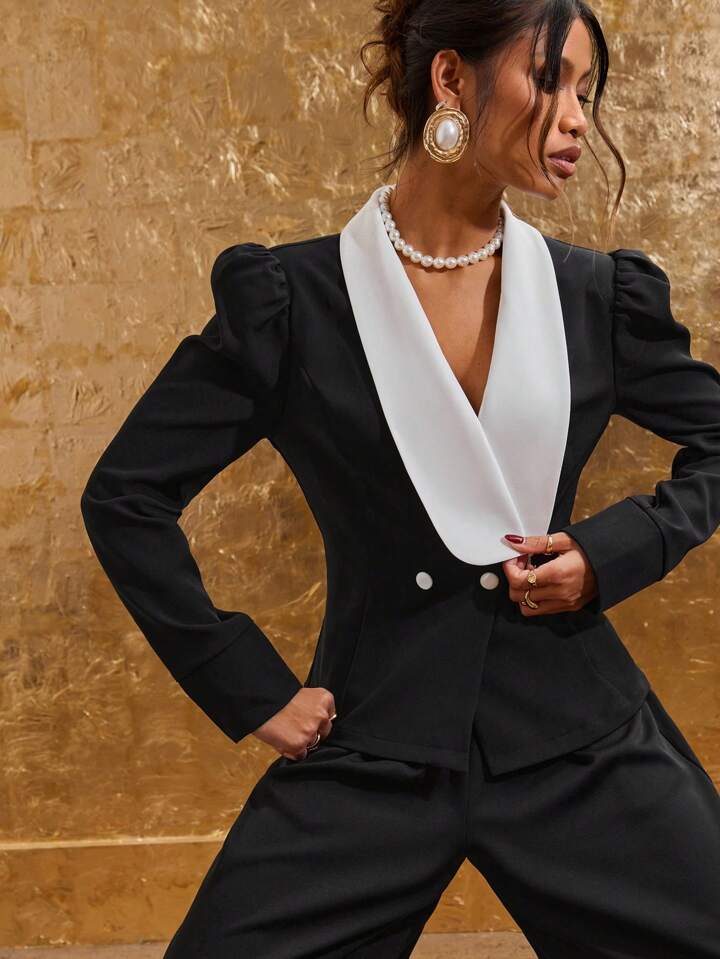 CM-TS016091 Women Elegant Seoul Style Contrast Color Double-Breasted Long Sleeve Shirt