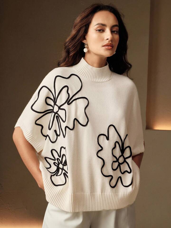 CM-CS518915 Women Elegant Seoul Style Stand Collar Batwing Sleeve Floral Embroidery Knit Top - White