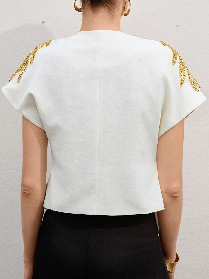 CM-TS871447 Women Elegant Seoul Style Asymmetrical Hem V-Neck Padded Beaded Embroidered Blouse - Beige