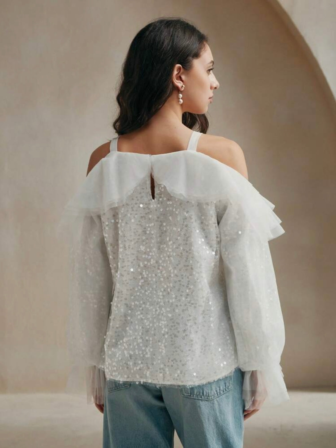 CM-TS753237 Women Elegant Seoul Style Solid Color Mesh Patchwork Camisole Sleeve Blouse - White