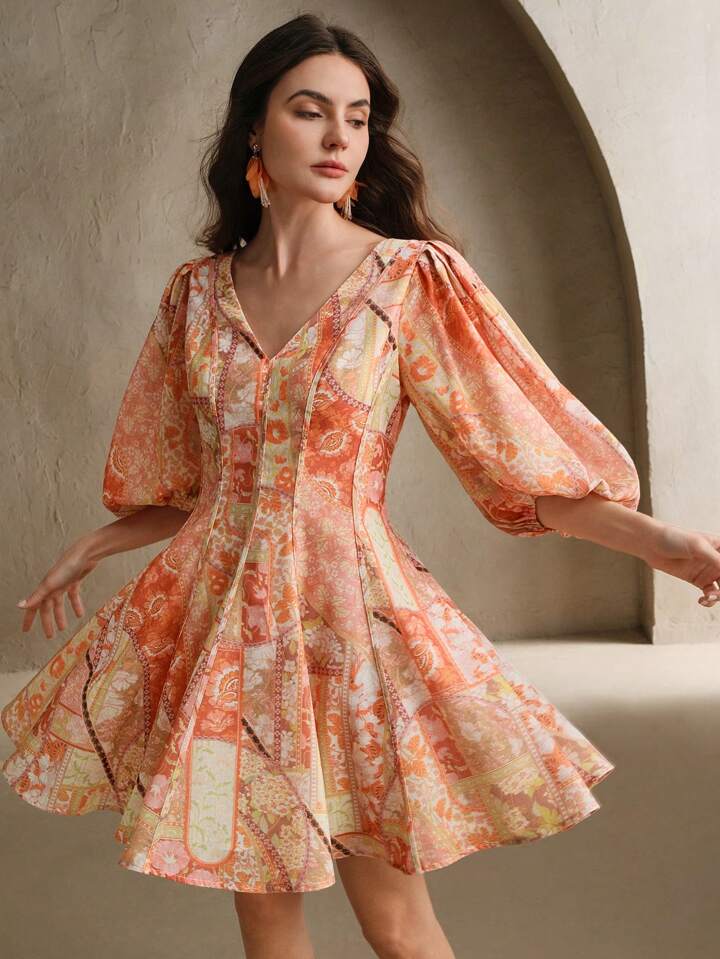 CM-DS483688 Women Trendy Bohemian Style V-Neck Paisley Floral Print Puff Sleeve Linen Short Dress