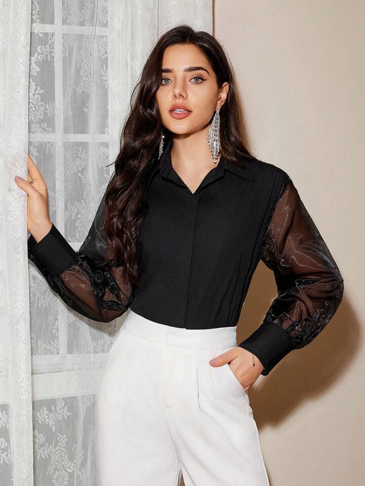 CM-TS940538 Women Casual Seoul Style Chiffon Patchwork Long Sleeve Shirt - Black