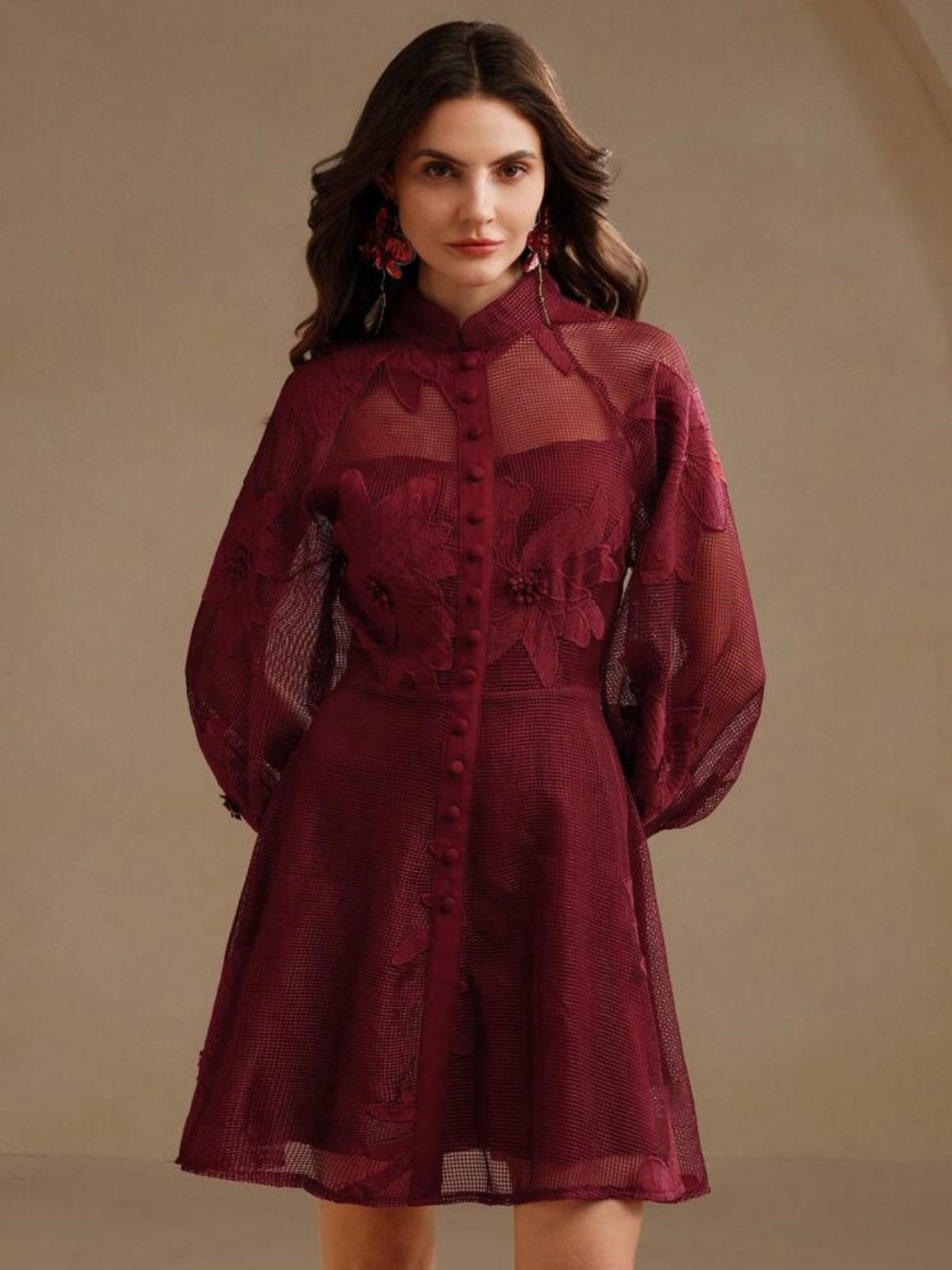 CM-DS494349 Women Elegant Seoul Style Collar Neckline Lace Cinched Waist Lantern Sleeve Dress - Red