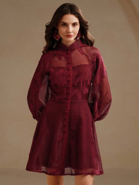 CM-DS494349 Women Elegant Seoul Style Collar Neckline Lace Cinched Waist Lantern Sleeve Dress - Red