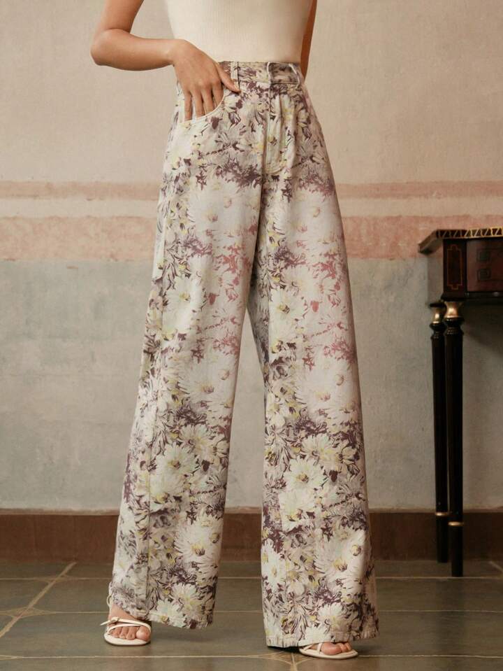 CM-BS172777 Women Casual Seoul Style Floral Printed High-Waisted Wide Leg Jeans - Yellow