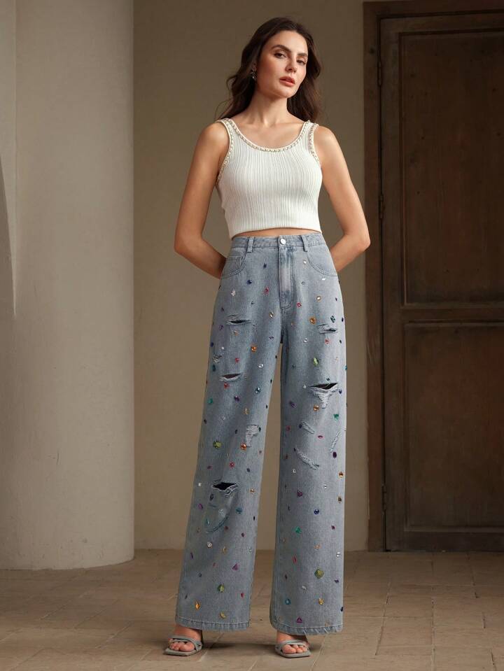CM-BS261305 Women Elegant Seoul Style Light Wash Distressed Colored Rhinestone Embellished Jeans