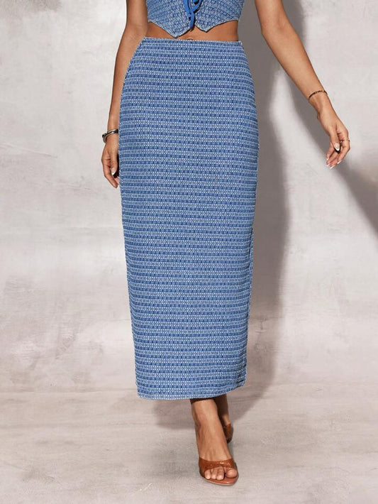 CM-BS720731 Women Casual Seoul Style High Waist Long Straight Denim A-Line Skirt - Blue
