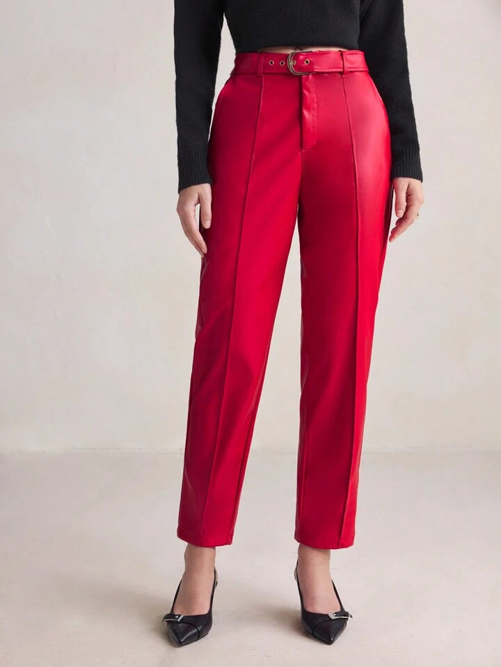 CM-BS973539 Women Elegant Seoul Style High Waist Leather Belted Pencil Pants - Red