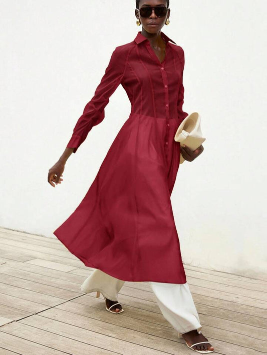 CM-TS883153 Women Casual Seoul Style Translucent Textured V-Neck Long Sleeve Gathered Waist Shirtdress - Red
