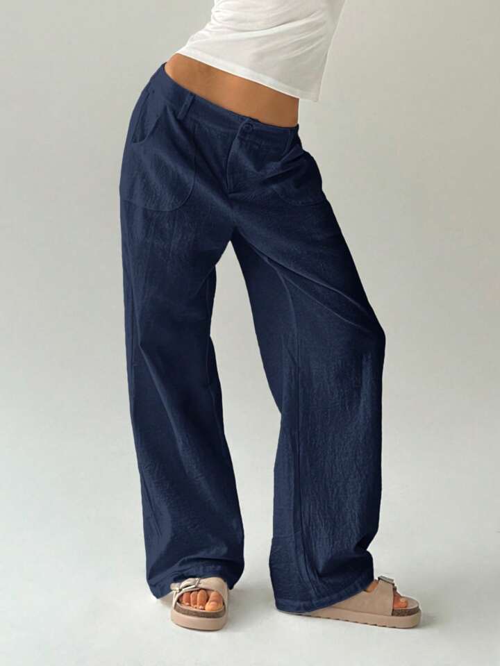 CM-BS787739 Women Casual Seoul Style Solid Color Low Waist Loose Straight Leg Pants - Navy Blue