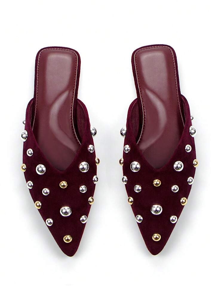 CM-SHS830318 Women Trendy Seoul Style Metal Stud Decor Faux Suede Pointed Toe Slip-On Flats - Burgundy