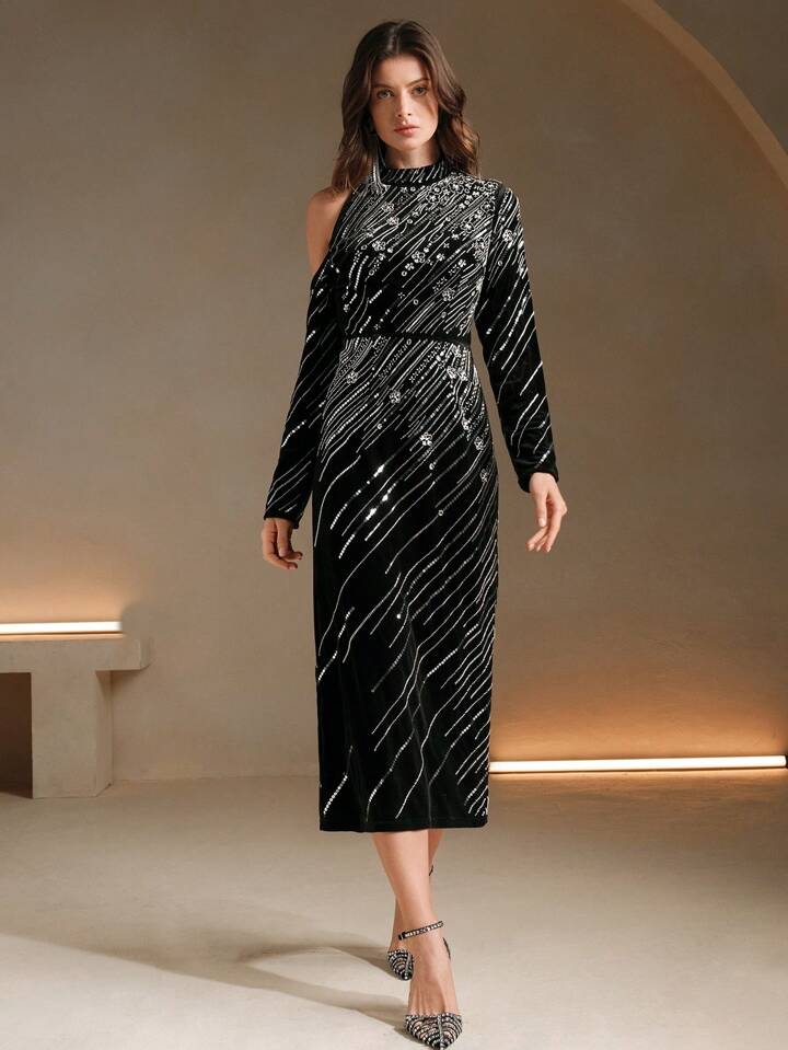 CM-DS045644 Women Elegant Seoul Style Stand Collar Off Shoulder Long Sleeve Fitted Sequin Embellished Dress