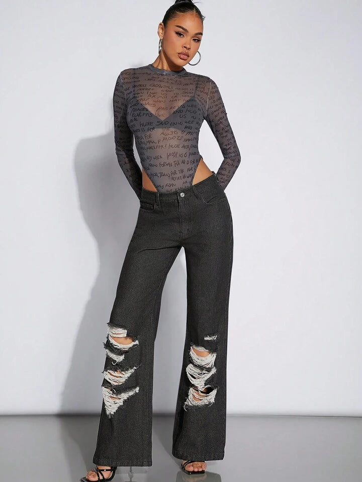 CM-BS180086 Women Casual Seoul Style Slant Pocket Distressed Flare Leg Jeans - Black