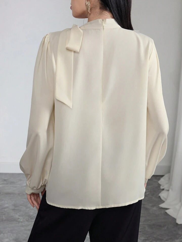CM-TS625563 Women Casual Seoul Style Satin Applique Tie Shoulder Long Sleeve Blouse - Apricot