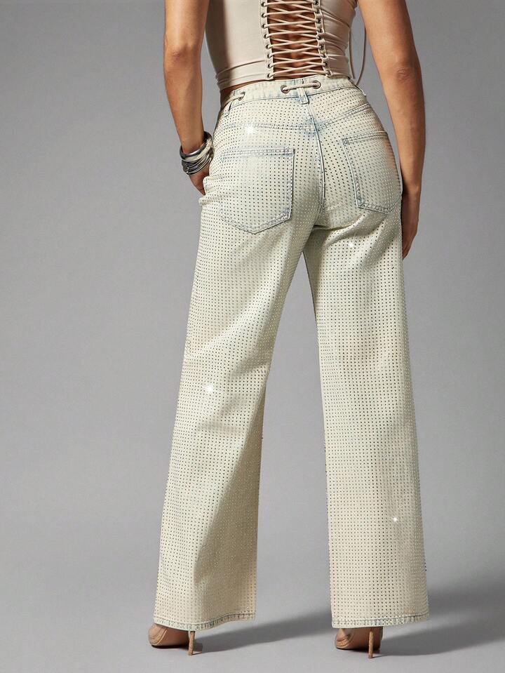 CM-BS239454 Women Elegant Seoul Style High Waist Pocketed Button Rhinestone Embellished Wide Leg Jeans