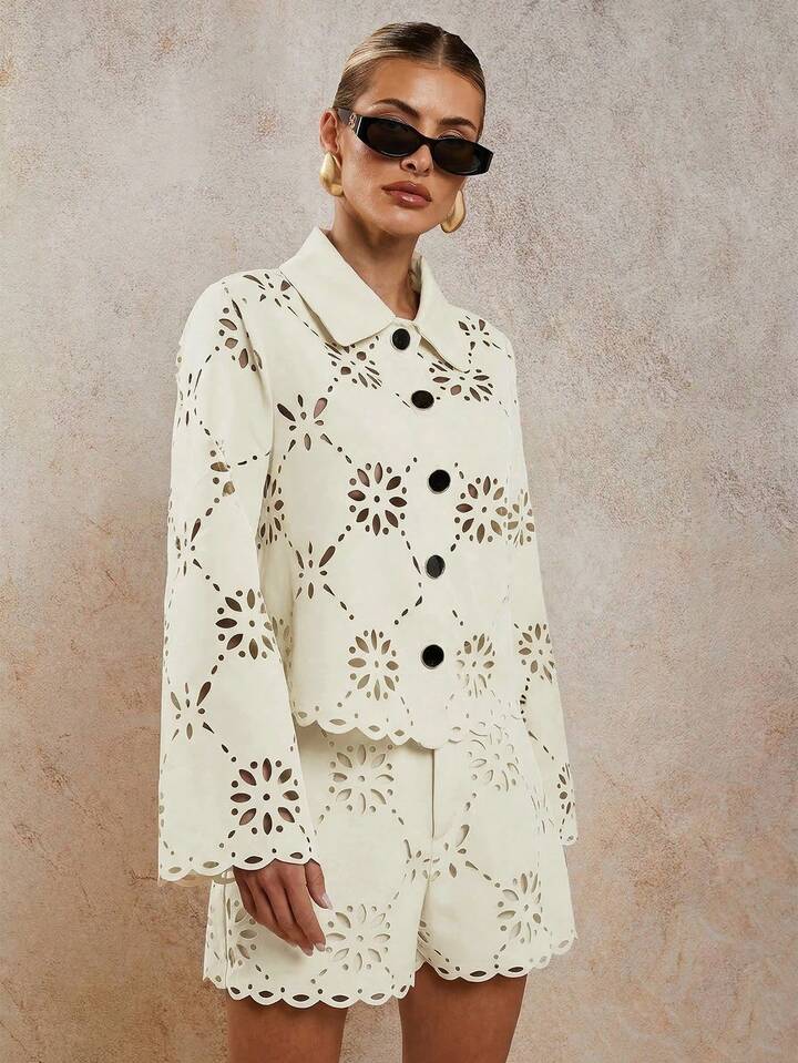 CM-SS089796 Women Elegant Seoul Style Laser Cut Long Sleeve Single-Breasted Blouse With Loose Shorts - Set
