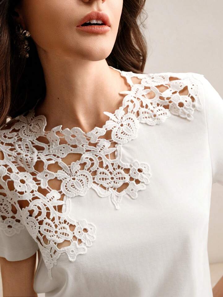 CM-TS688199 Women Casual Seoul Style Lace Crochet Patchwork Hollow Out Short Sleeve Blouse - White