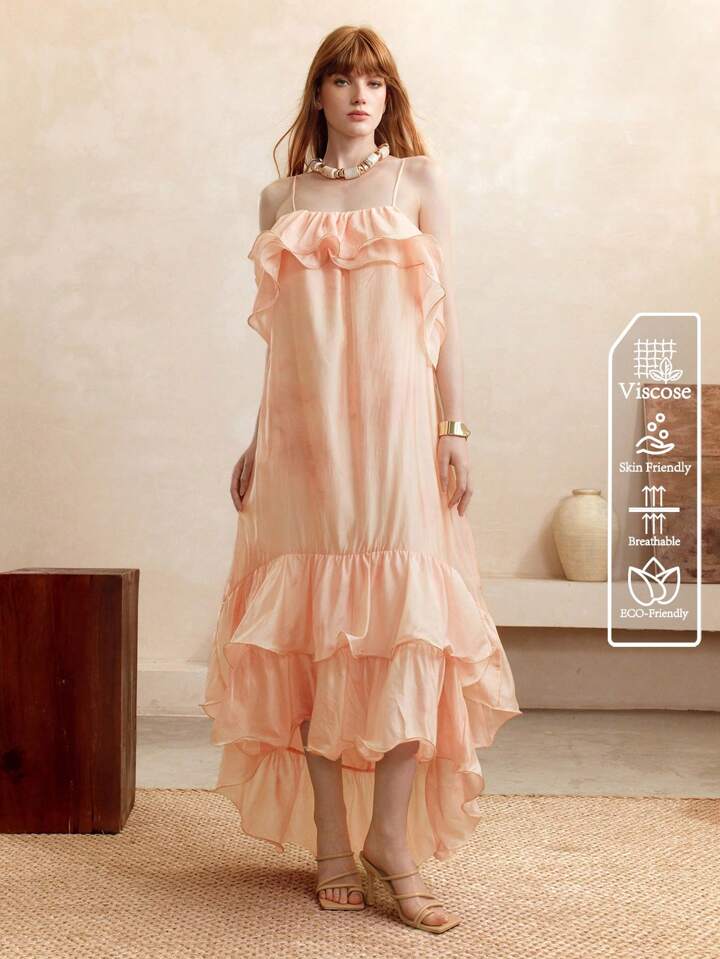 CM-DS766988 Women Trendy Bohemian Styel Oganza Tie-Dye Ombre Off-The-Shoulder Ruffle Hem Camisole Maxi Dress