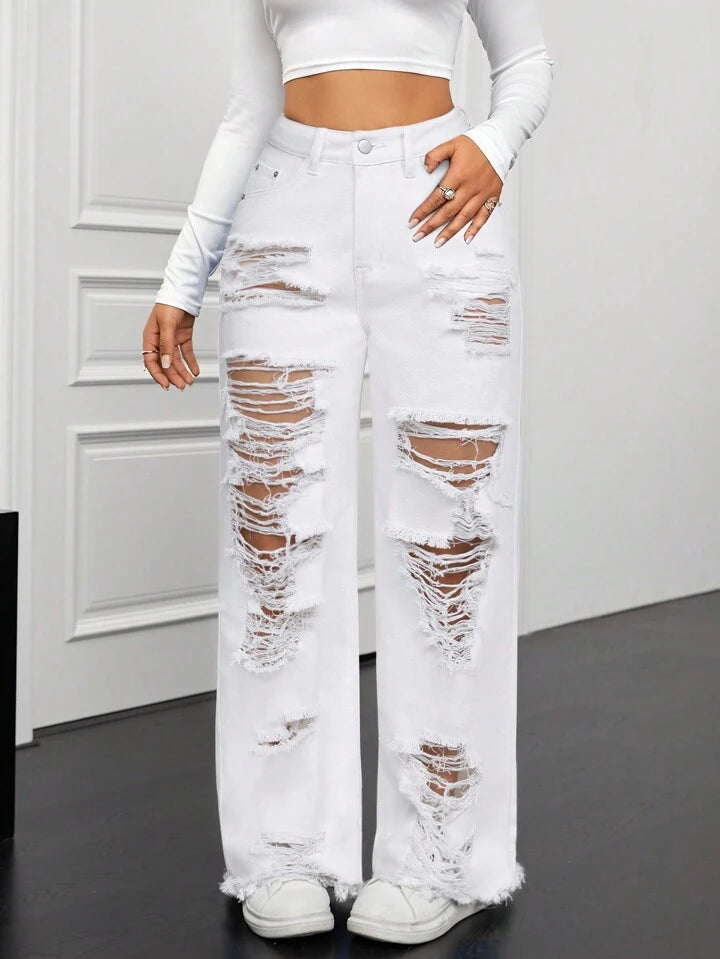 CM-BS760606 Women Casual Seoul Style Front Button Pocket Distressed Ripped Denim Long Jeans - White