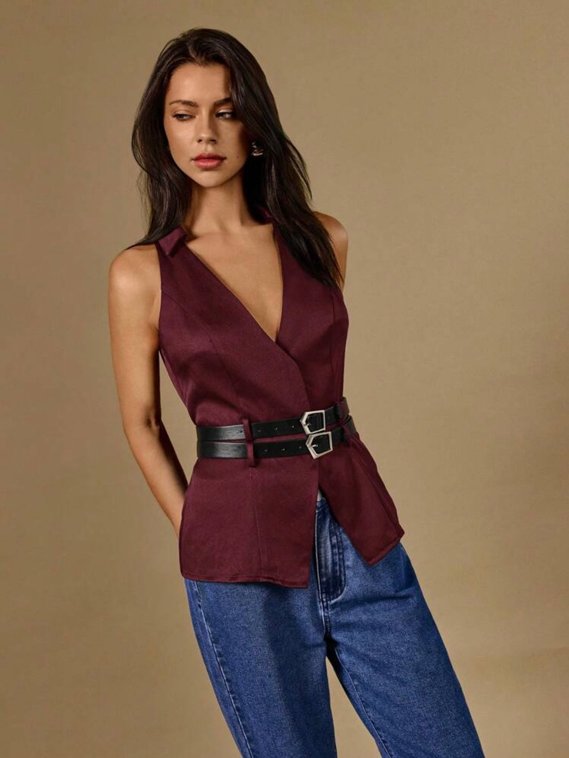 CM-TS250815 Women Casual Seoul Style Solid Color V-Neck Belted Sleeveless Blouse - Burgundy