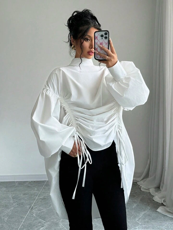 CM-TS110618 Women Casual Seoul Style Solid Color Stand Collar Long Sleeve Loose Pleated Shirt - White
