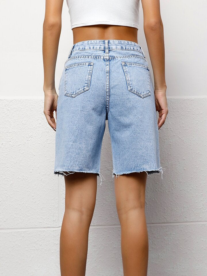 CM-BS499196 Women Casual Seoul Style Light Wash Solid Color Pocket Frayed Hem Bermuda Denim Shorts