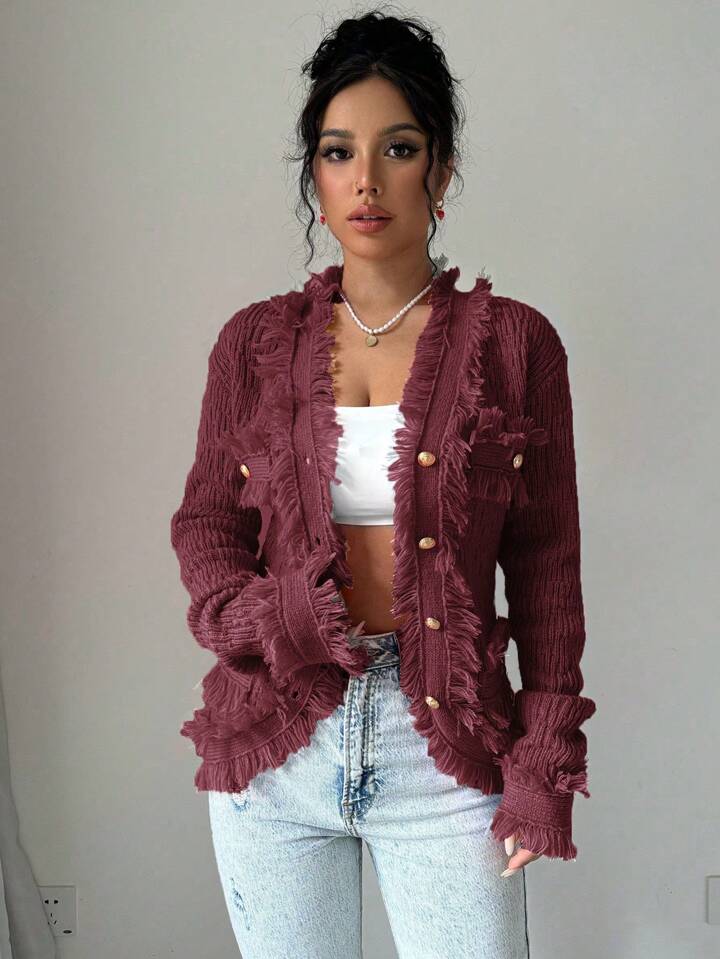CM-CS772247 Women Casual Seoul Style Button Pockets Fringed Edges Long Sleeve Cardigan - Red Violet