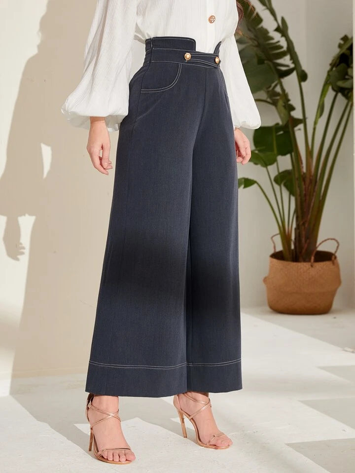 CM-BS430352 Women Elegant Seoul Style High Waist Top-Stitching Wide Leg Pants - Dark Gray