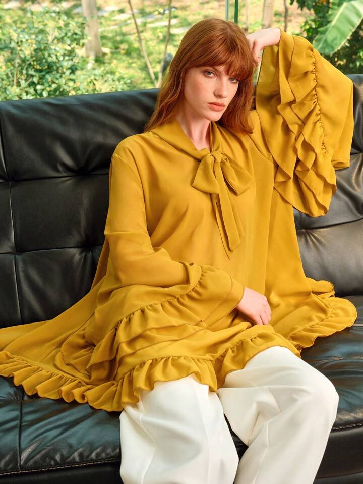 CM-TS466804 Women Elegant Seoul Style Chiffon Ruffle Hem V-Neck Bowknot Long Loose Blouse