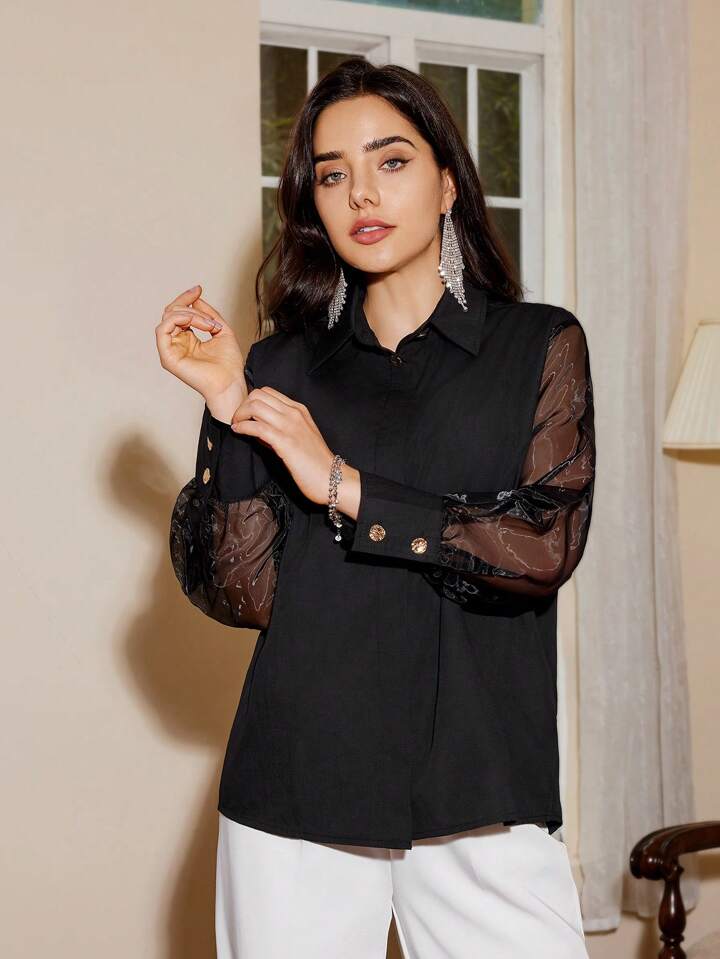 CM-TS940538 Women Casual Seoul Style Chiffon Patchwork Long Sleeve Shirt - Black