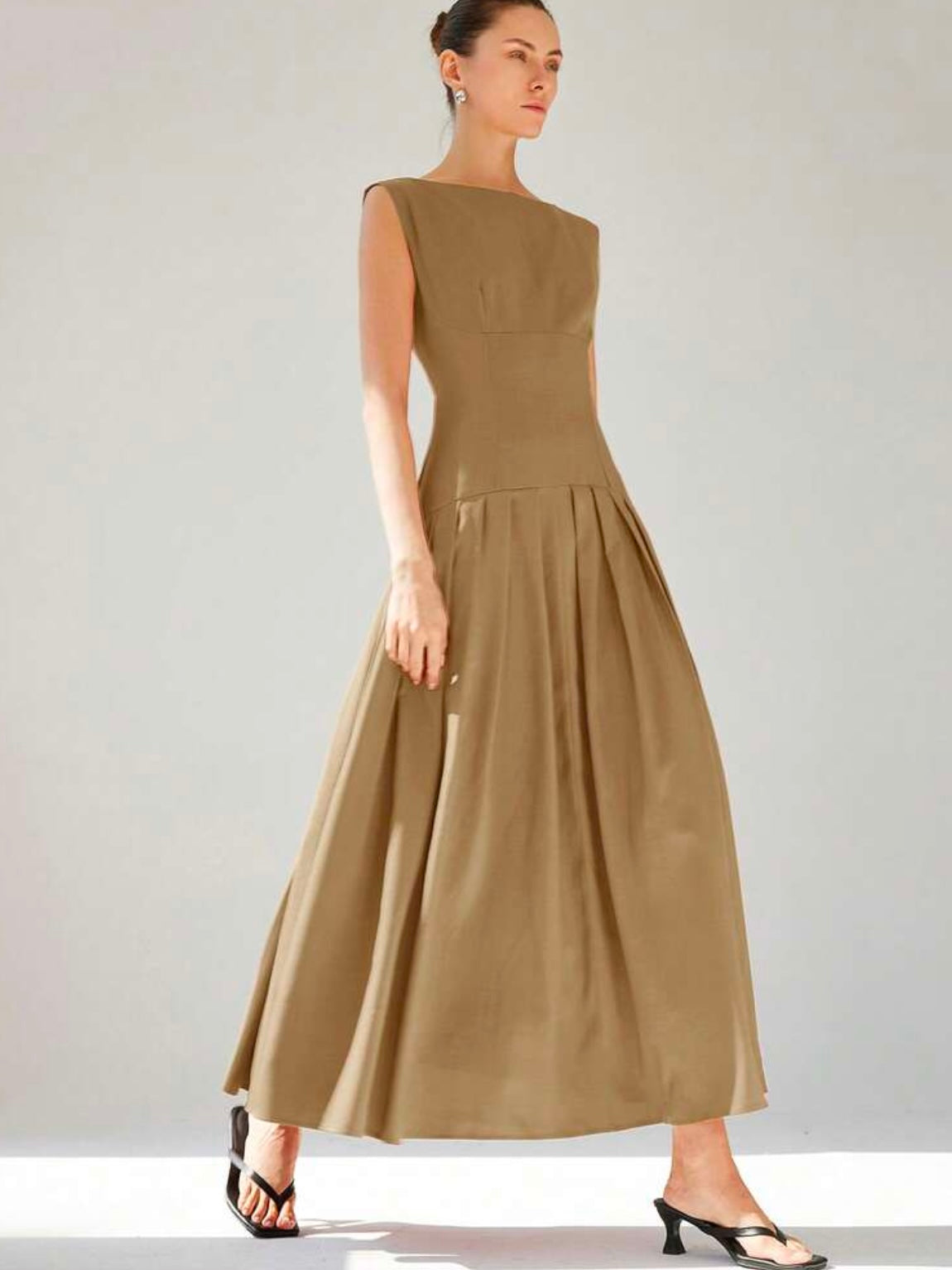 CM-DS613174 Women Elegant Seoul Style Sleeveless Cinched Waist Low Waist Pleated Ruffle Hem Long Dress - Apricot
