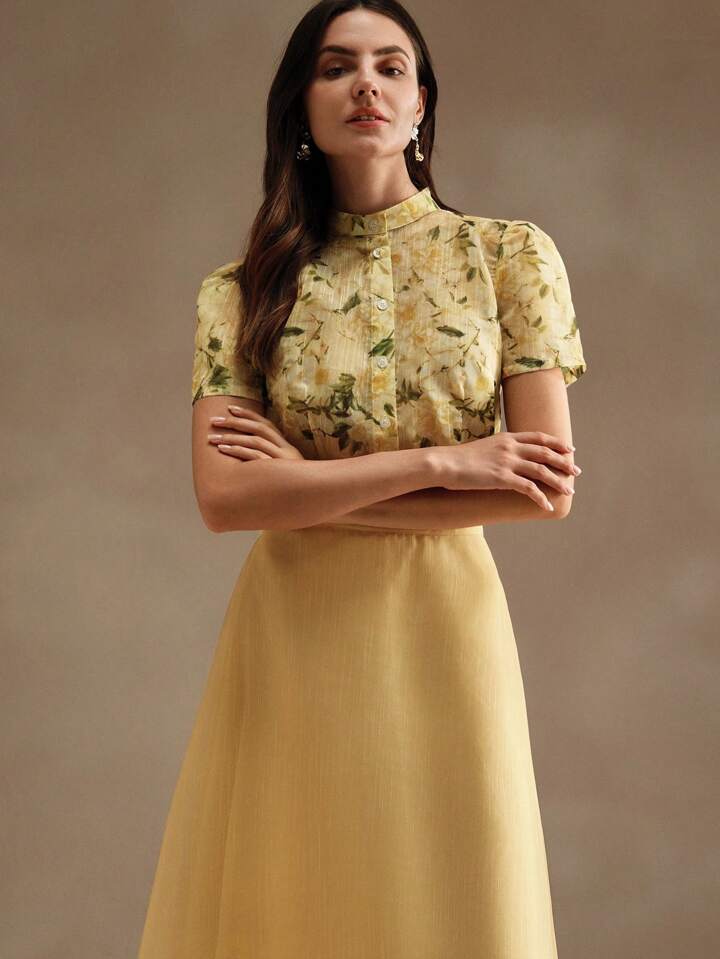 CM-SS855857 Women Elegant Seoul Style Floral Print Crew Neck Puff Sleeve Top With Long Skirt - Set