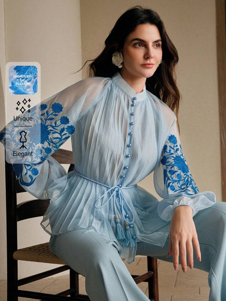 CM-TS389017 Women Elegant Seoul Style Stand Collar Long Sleeve Pleated Embroidered Tie Waist Blouse - Baby Blue
