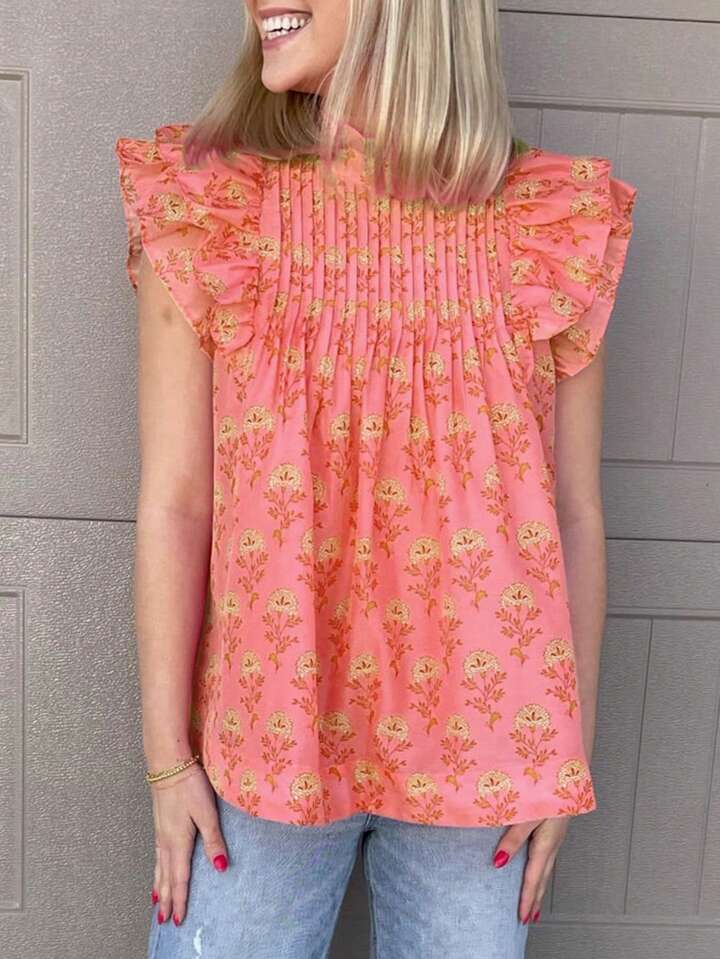 CM-TS895871 Women Trendy Bohemian Style Floral Print Fly Sleeves Ruffled High Neck Blouse - Orange