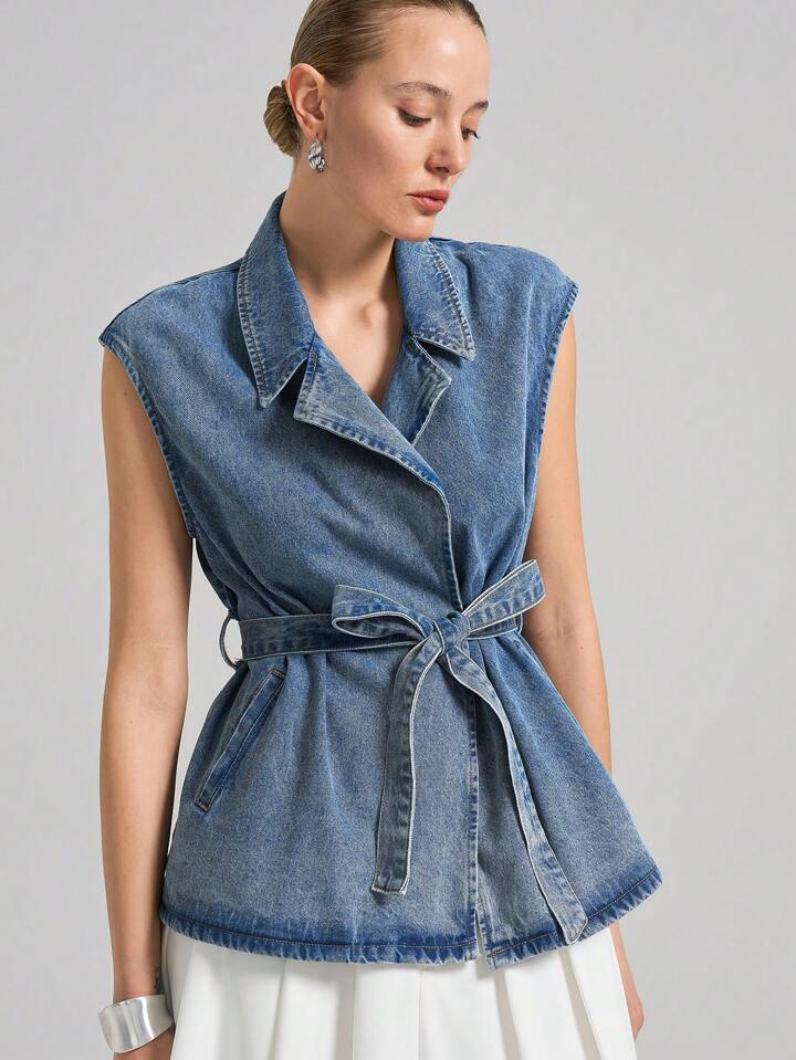CM-TS292467 Women Casual Seoul Style Dark Wash Waterfall Neckline Sleeveless Denim Vest With Removable Belt